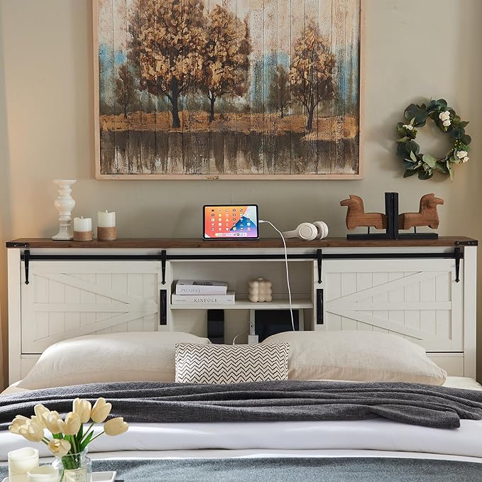 Farmhouse Full Size Bed Frame with Bookcase Headboard and Charging