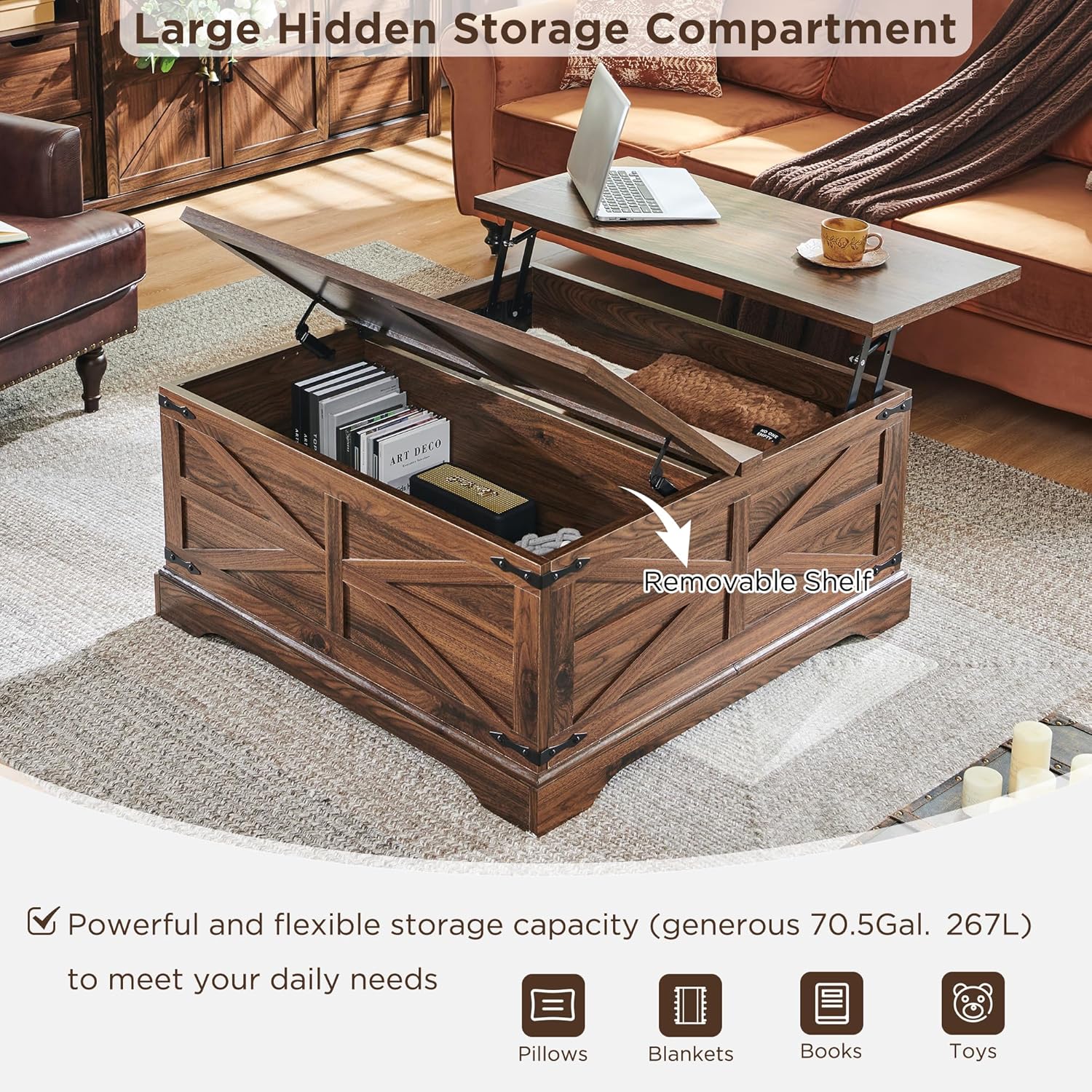 Farmhouse Lift Top Coffee Table with Storage Compartment Rustic Brown