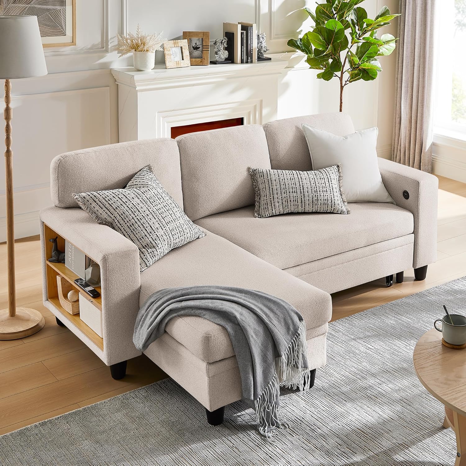 RedLemon Beige 80-Inch Sleeper Sofa Bed with Storage Chaise