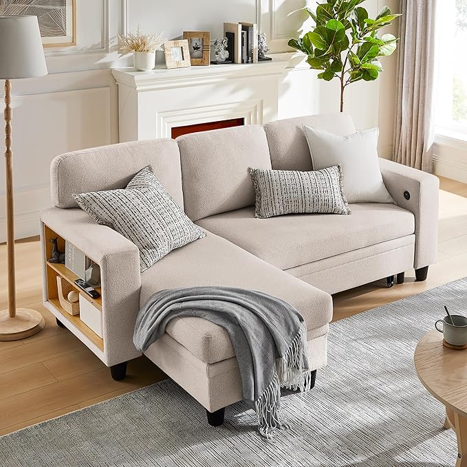 RedLemon Beige 80-Inch Sleeper Sofa Bed with Storage Chaise
