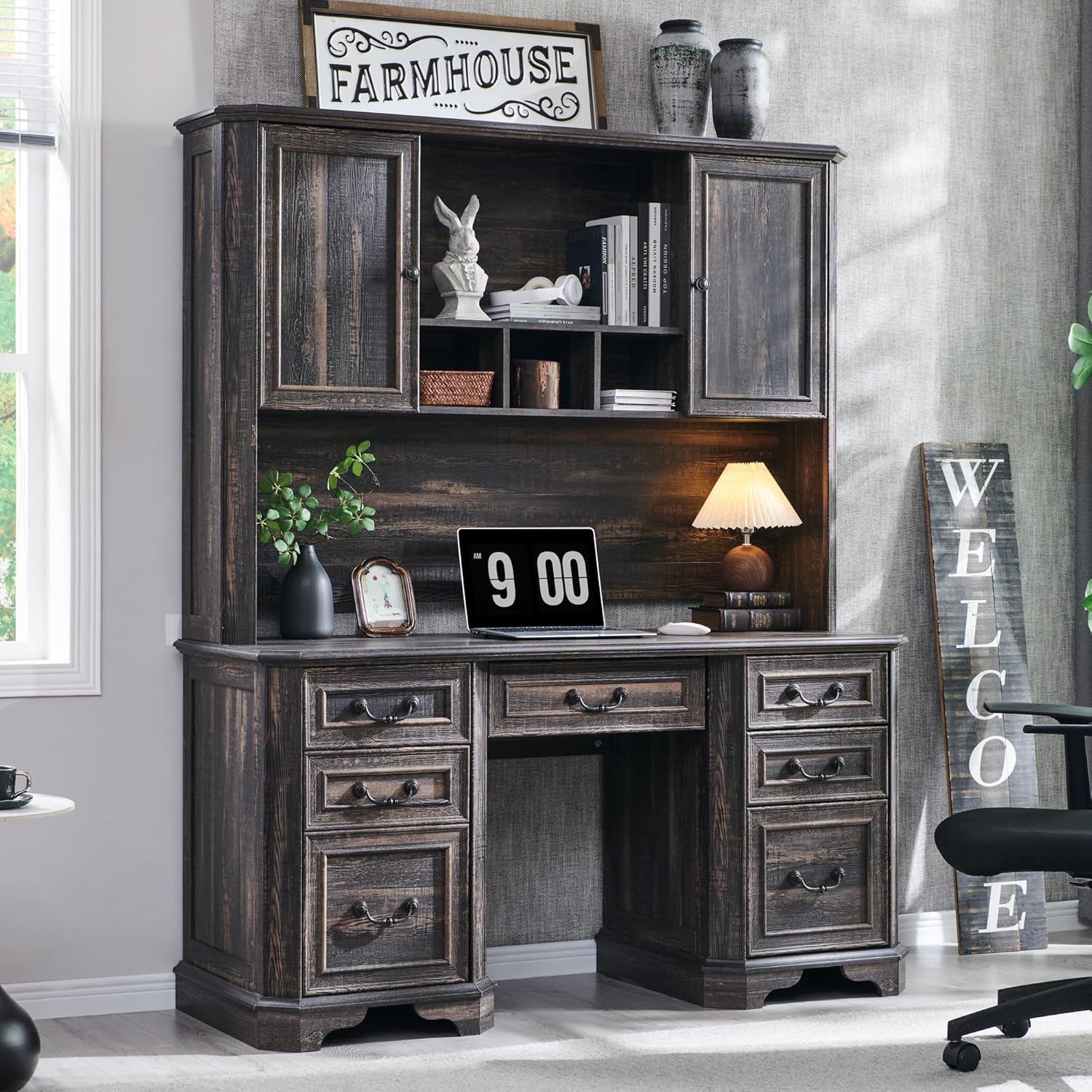 Ample Storage 59 Inch Farmhouse Wood Desk Hutch - Rustic Oak
