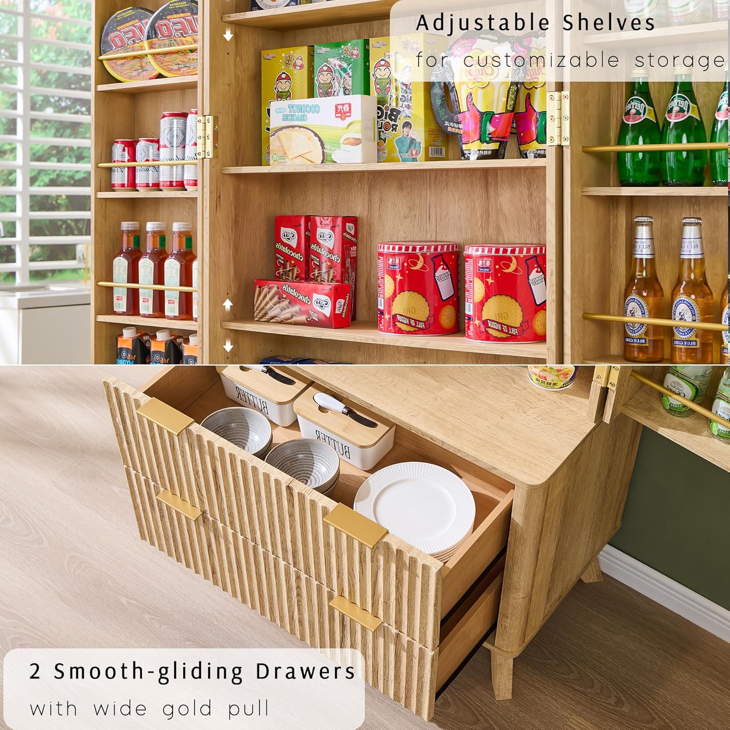 OKD Fluted Natural Oak Pantry Cabinet, 72" Kitchen Hutch