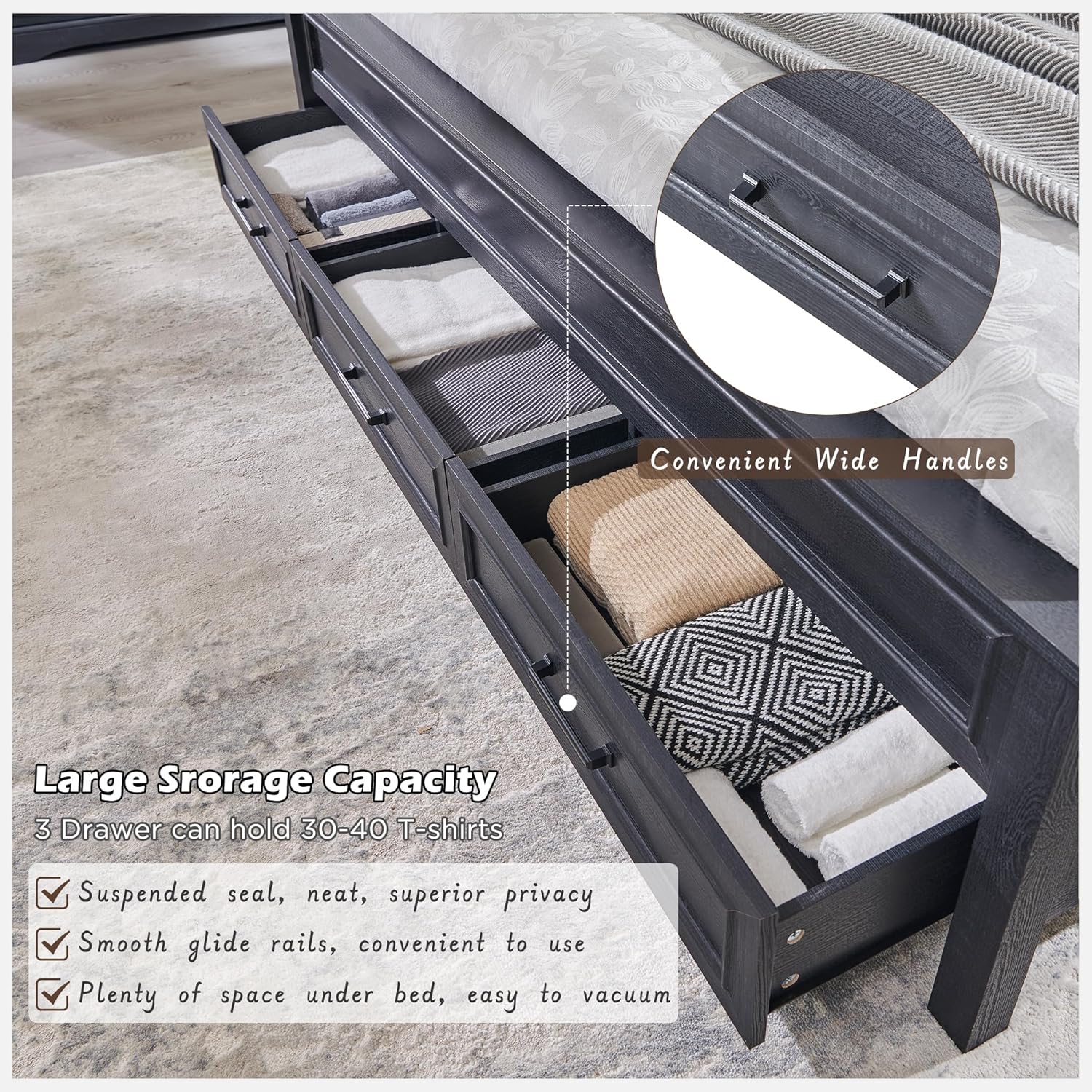 Farmhouse Queen Wooden Bed Frame with Storage, 52" Headboard