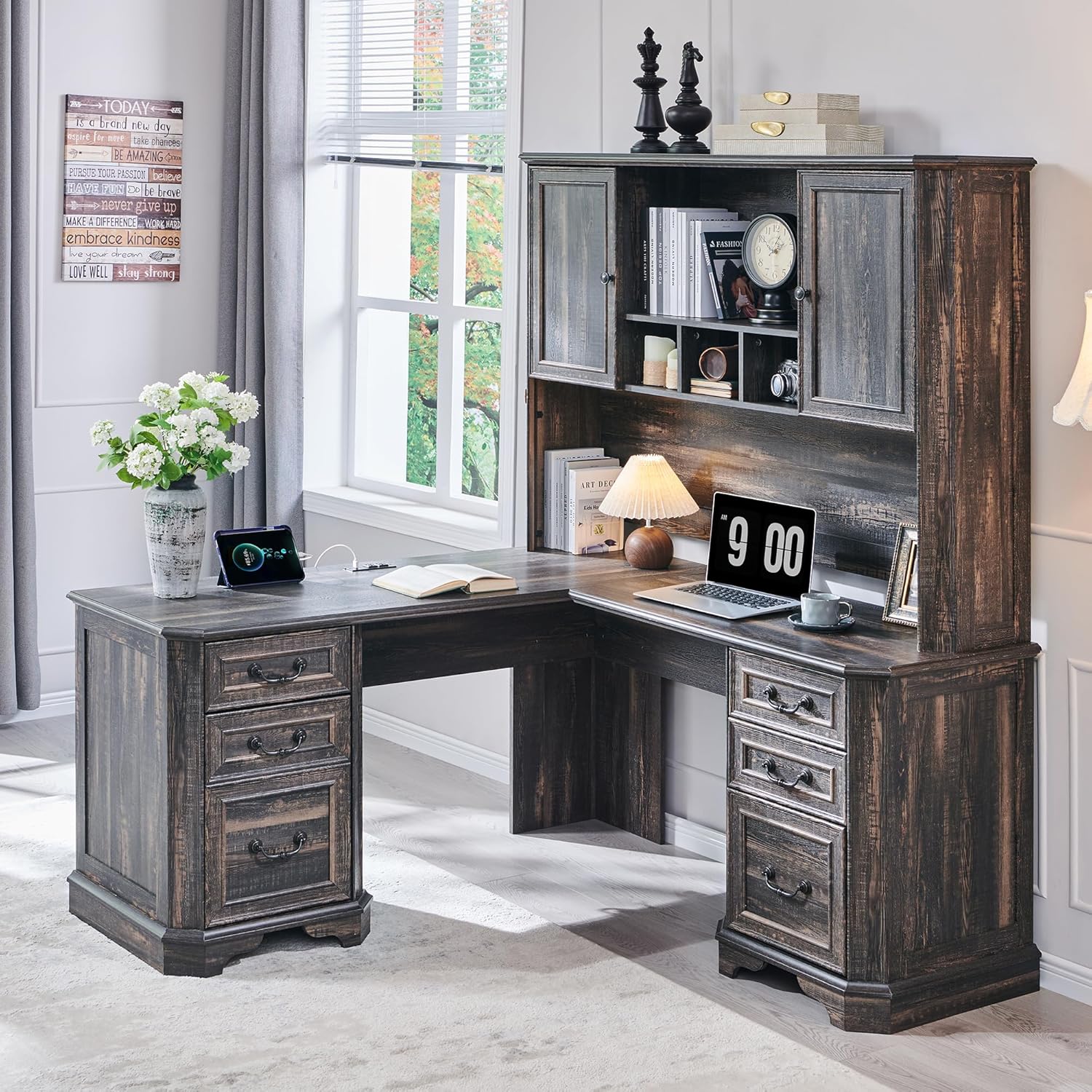 Ample Storage 59 Inch Farmhouse Wood Desk Hutch - Rustic Oak