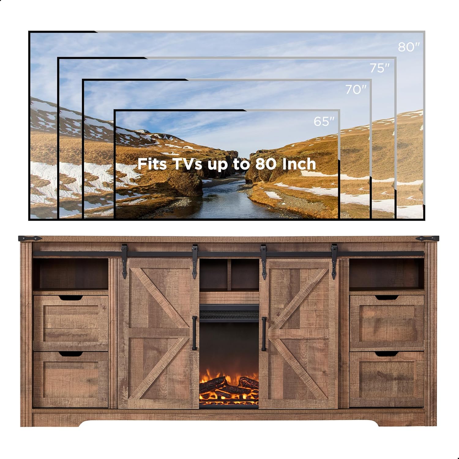 Farmhouse Fireplace TV Stand for 80 Inch TV with Storage