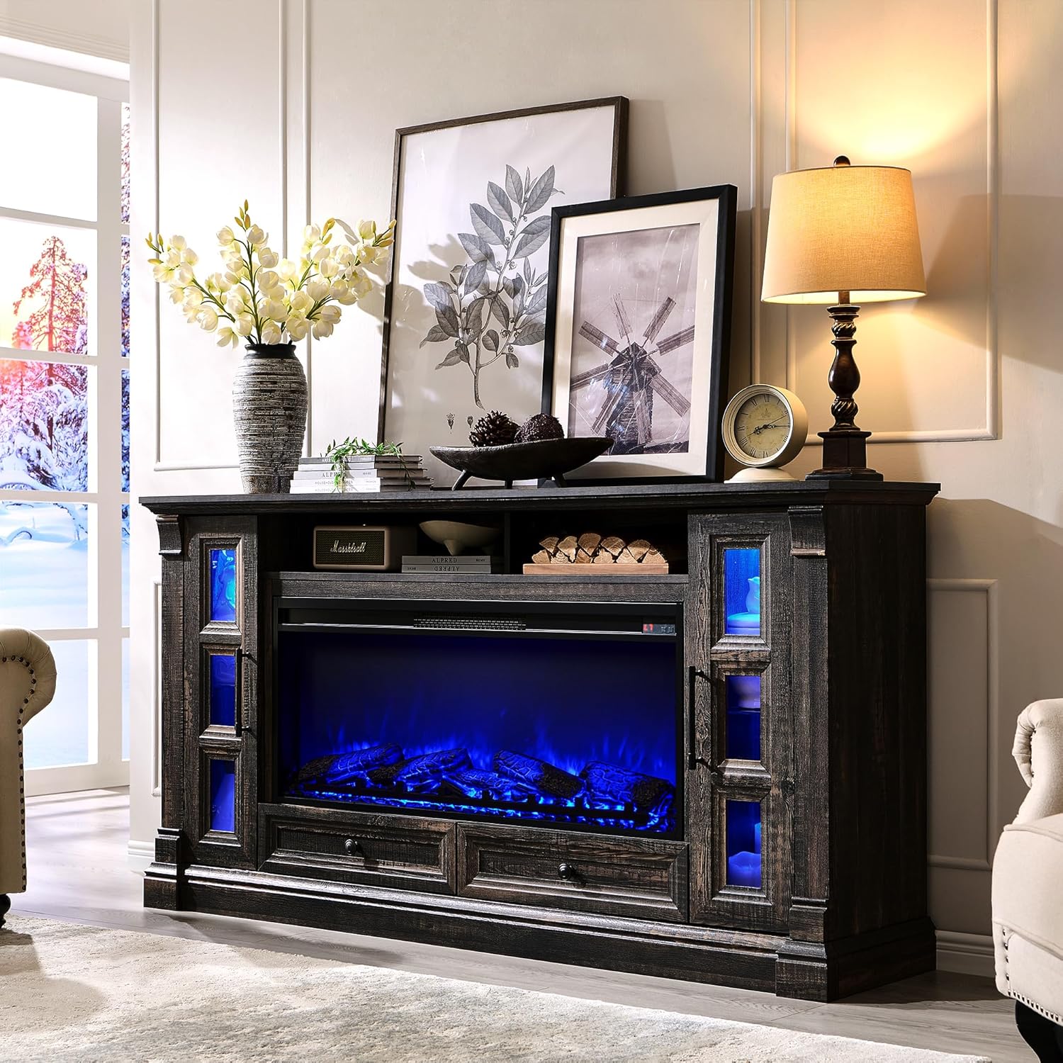 Rustic Farmhouse Fireplace TV Stand - Fits Up to 80 Inch TV