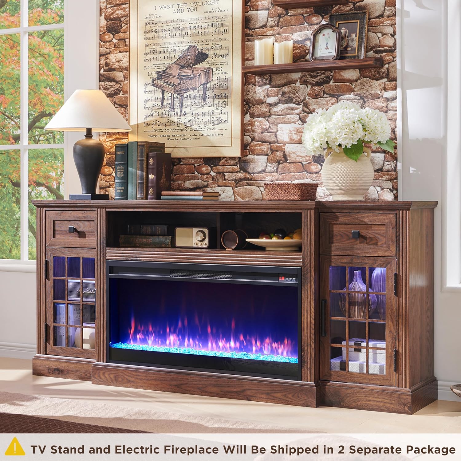 Farmhouse Highboy Entertainment Center with LED Lights and Electric Fireplace