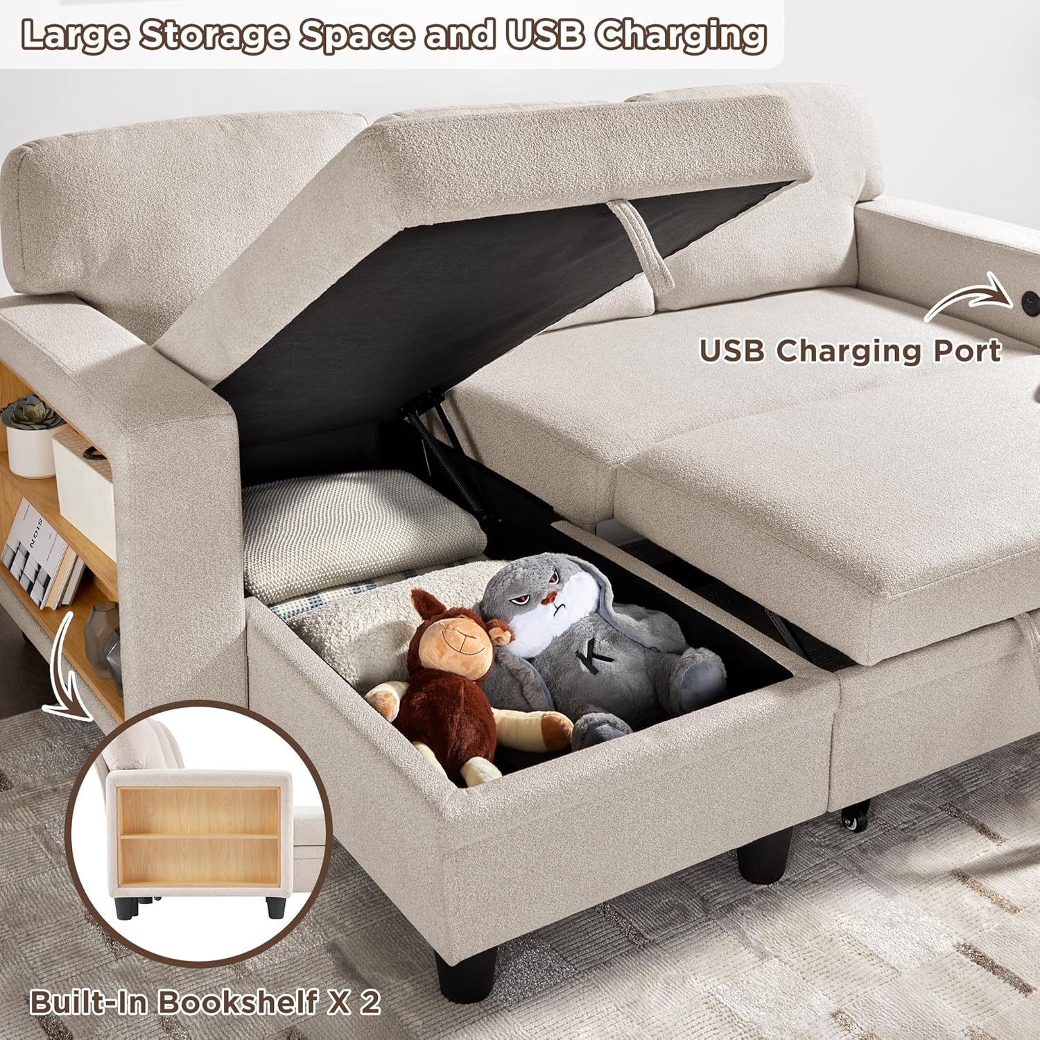 RedLemon Beige 80-Inch Sleeper Sofa Bed with Storage Chaise