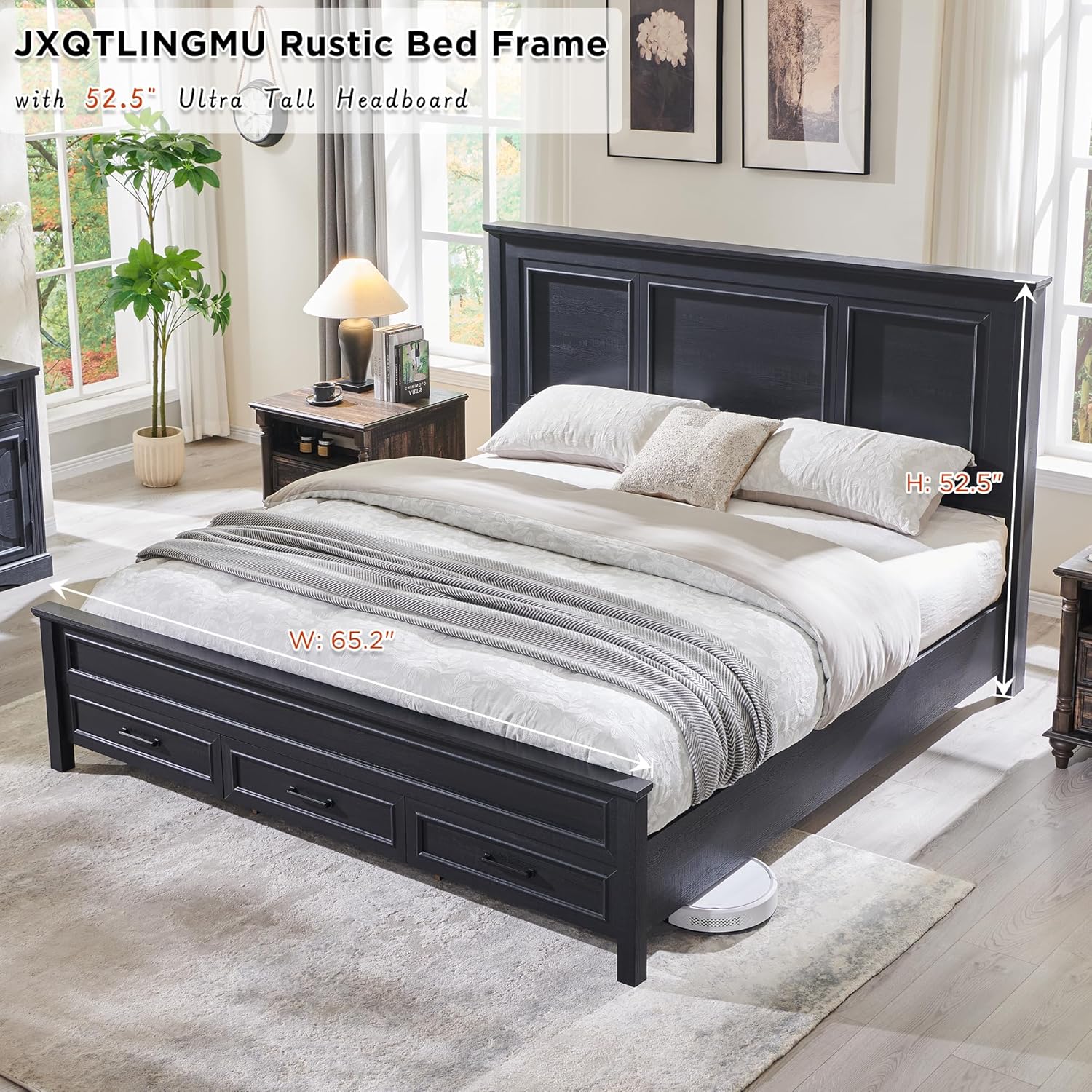 Farmhouse Queen Wooden Bed Frame with Storage, 52" Headboard