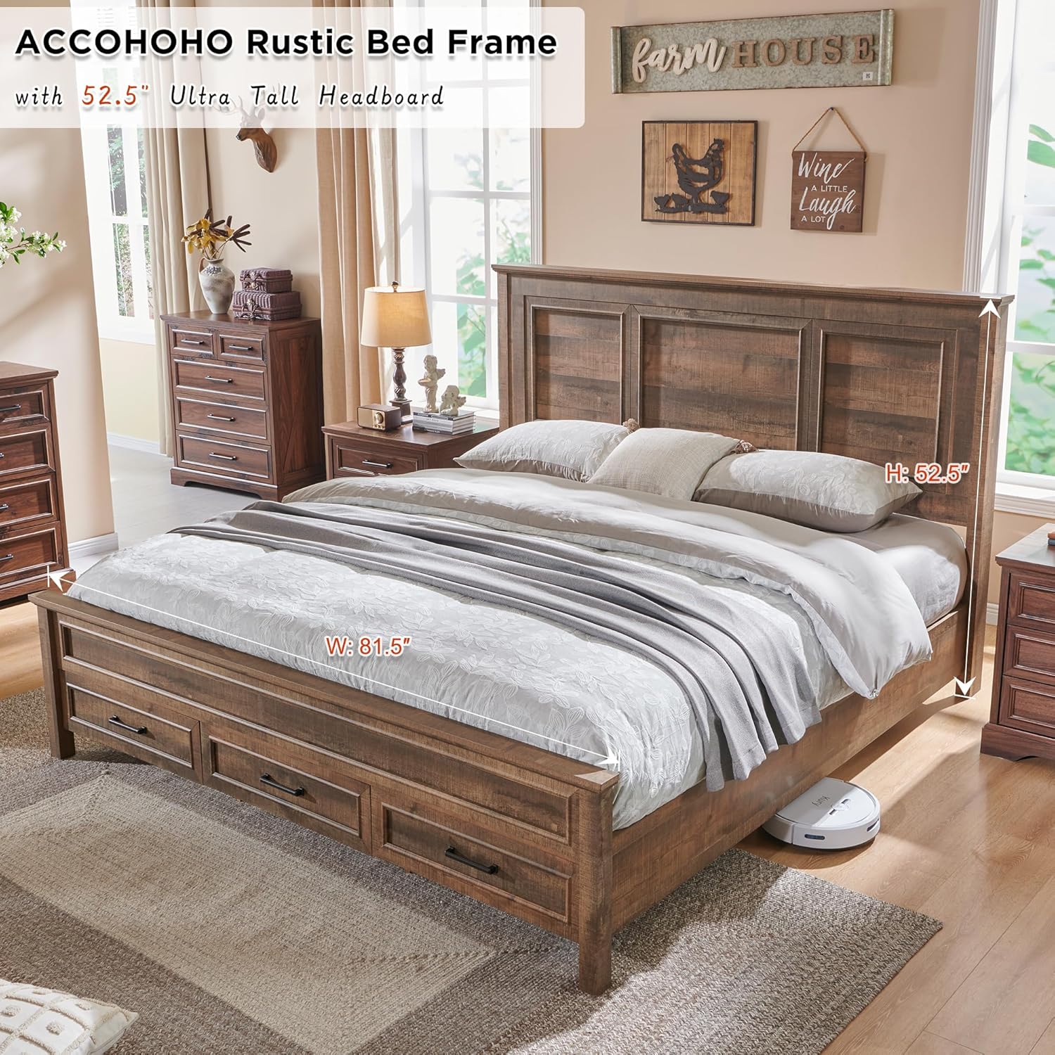 King Size Farmhouse Wood Platform Bed Frame with Storage Drawers