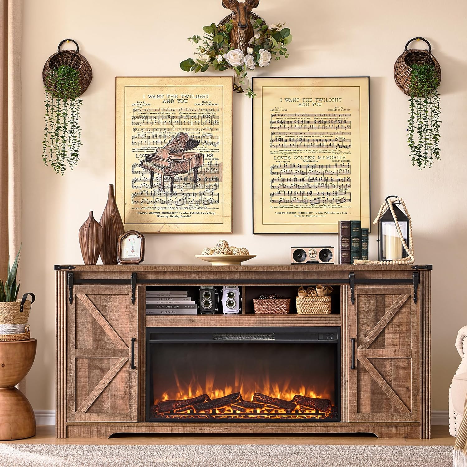 Farmhouse Fireplace TV Stand for 80 Inch TV with Storage