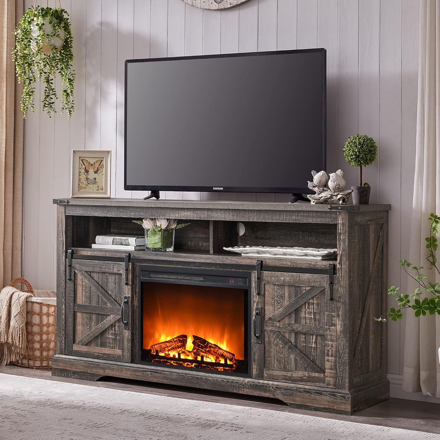 Fireplace TV Stand for 65+ Inch TV, Farmhouse Style