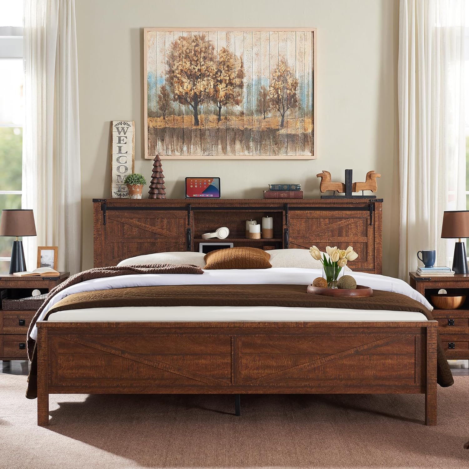 Rustic Farmhouse King Bed Frame with Bookcase Headboard and Charging Station