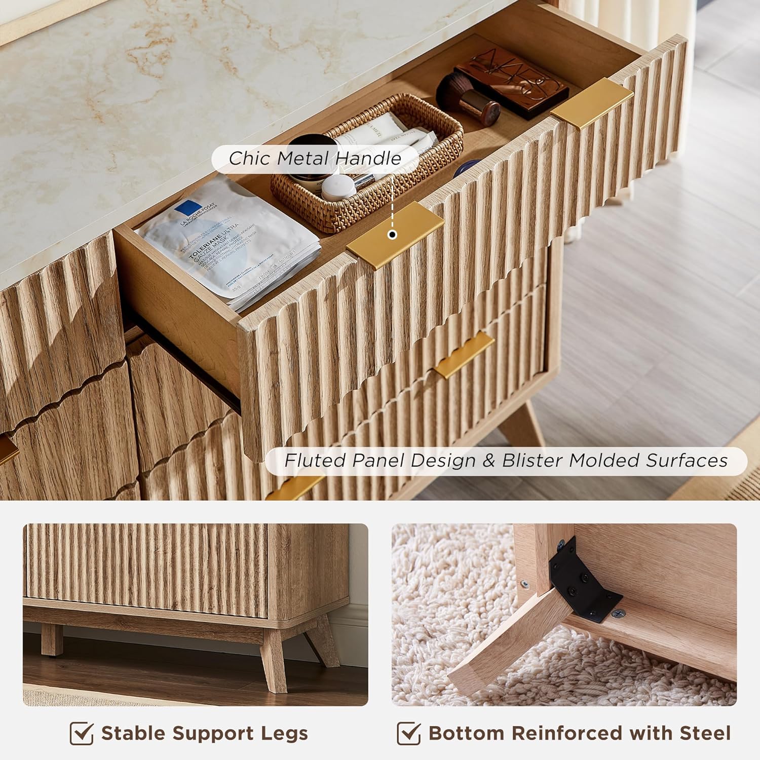 Modern Fluted 8-Drawer Dresser, Wide Chest with Faux Marble Top