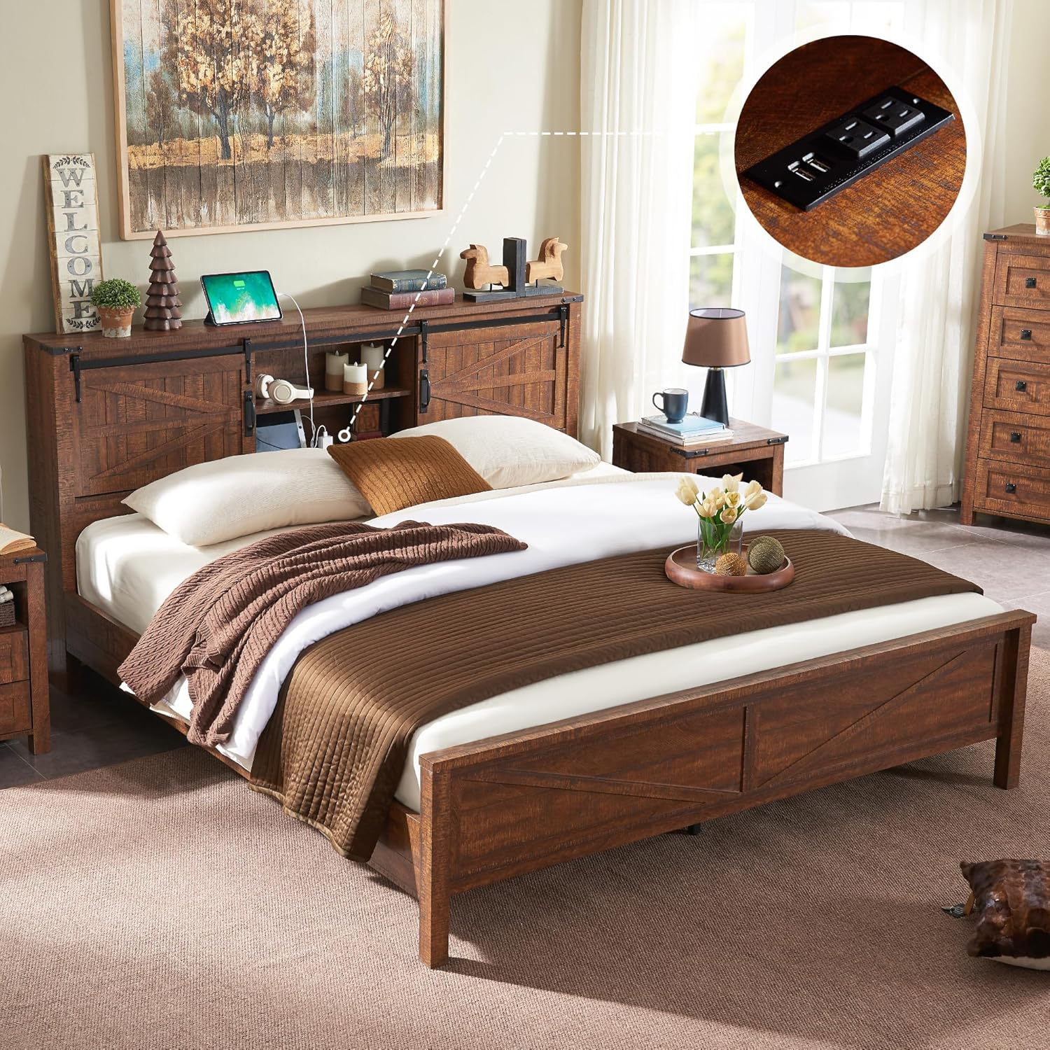 Rustic Farmhouse King Bed Frame with Bookcase Headboard and Charging Station