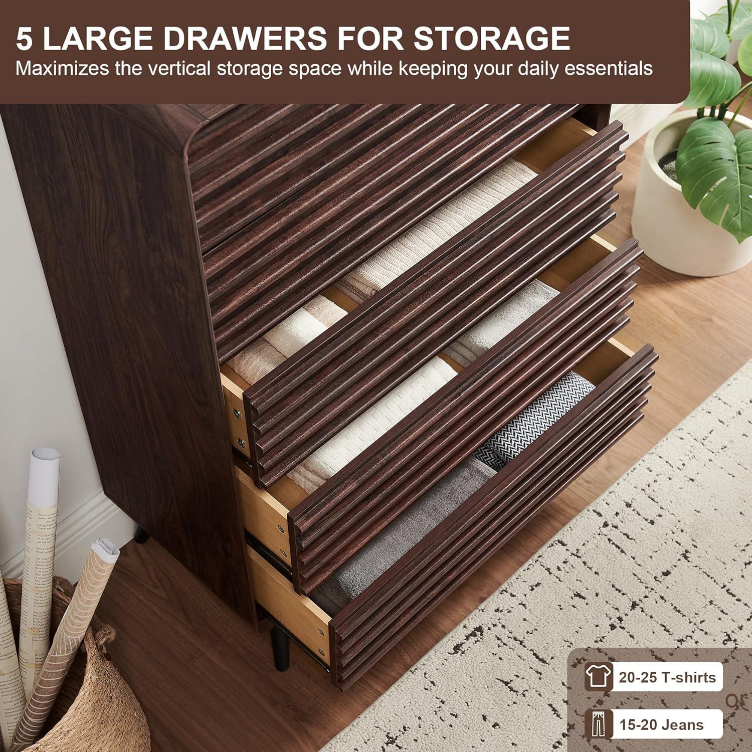 RedLemon Mid Century Modern 5 Drawer Dresser, Dark Walnut Finish