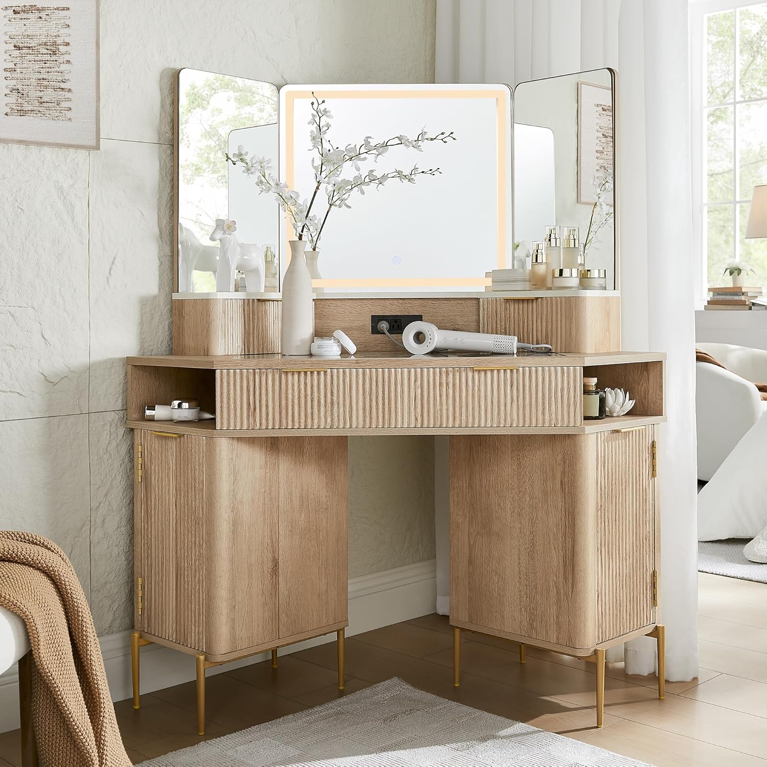 Fluted Corner Vanity Desk 48" with Lighted Mirror and Charging Outlet