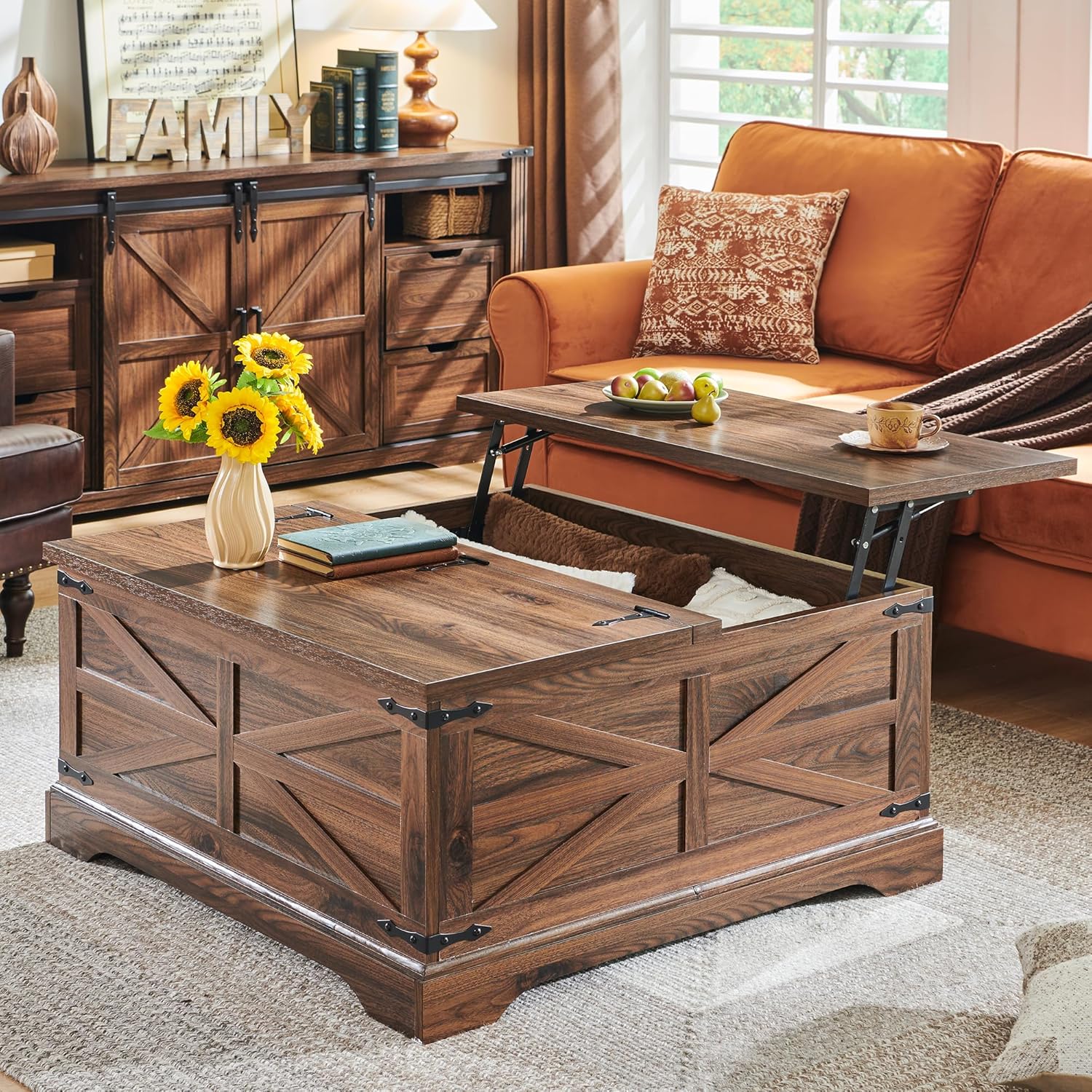 Farmhouse Lift Top Coffee Table with Storage Compartment Rustic Brown