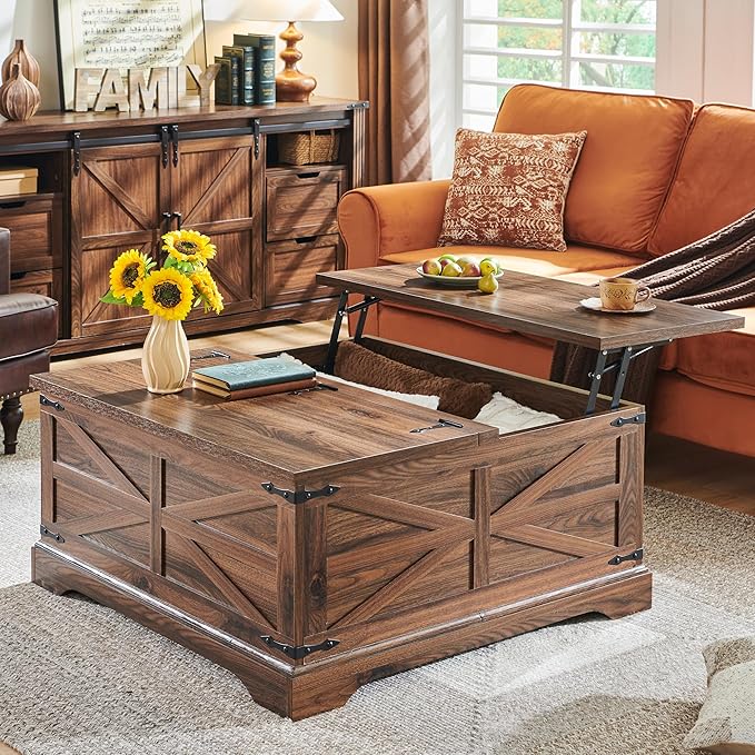 Farmhouse Lift Top Coffee Table with Storage Compartment Rustic Brown
