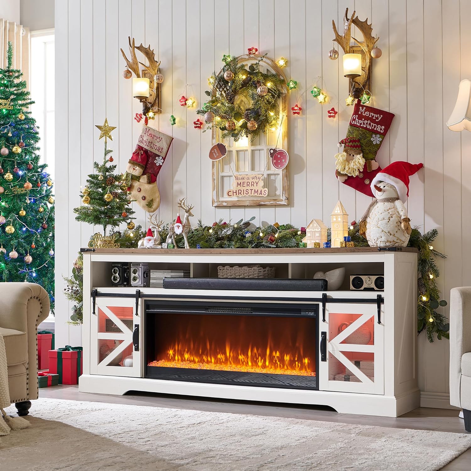 OKD Fireplace TV Stand for 85" TV, Farmhouse Entertainment Center