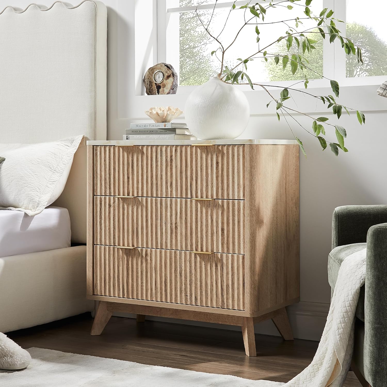 T4TREAM Fluted 3-Drawer Dresser: Modern Chest with Faux Marble Top