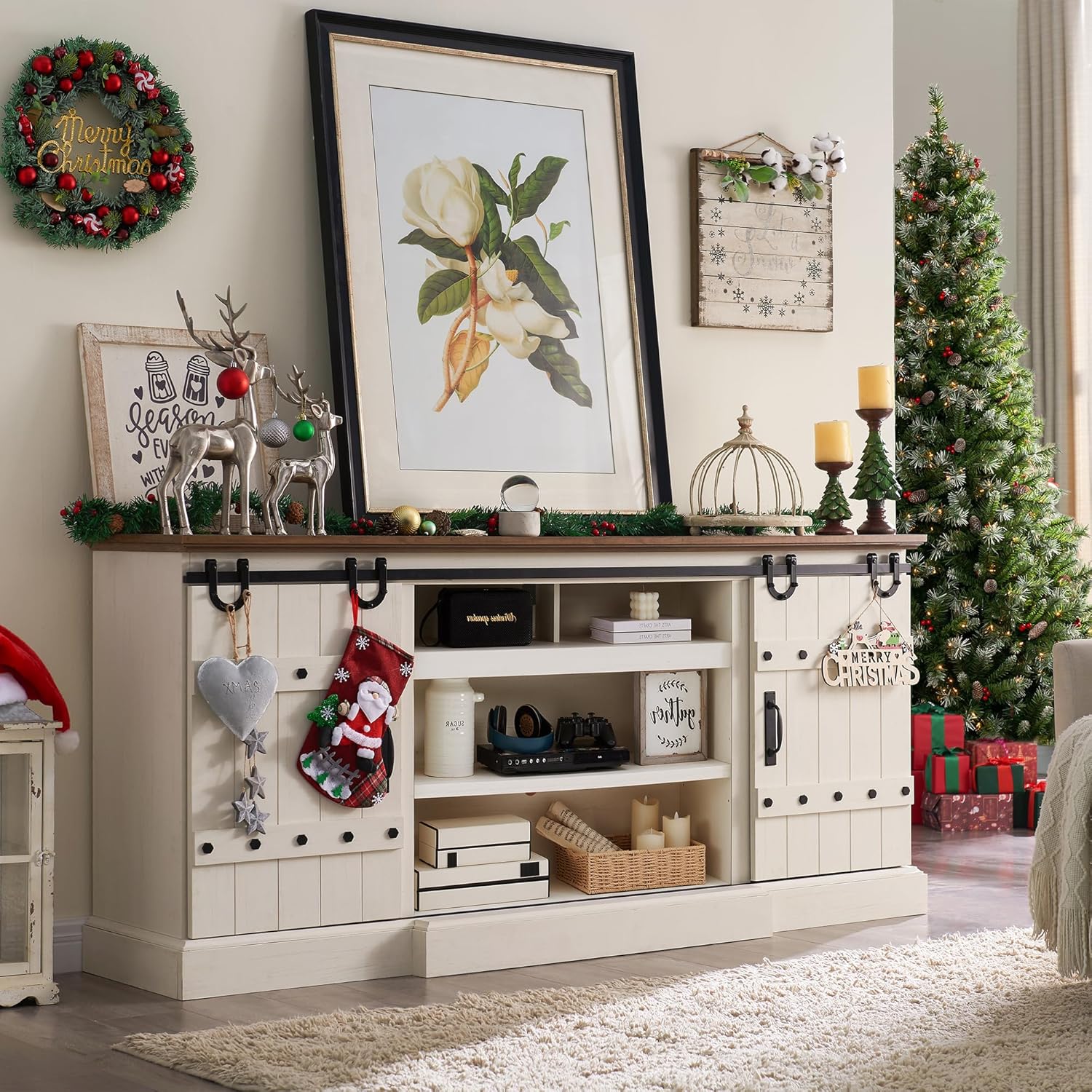 OKD 75" Rustic Farmhouse TV Stand with Sliding Barn Door