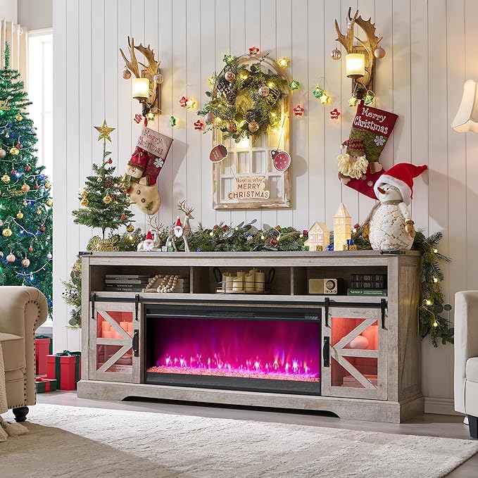 Fireplace TV Stand for 85" TV, Farmhouse Entertainment Center