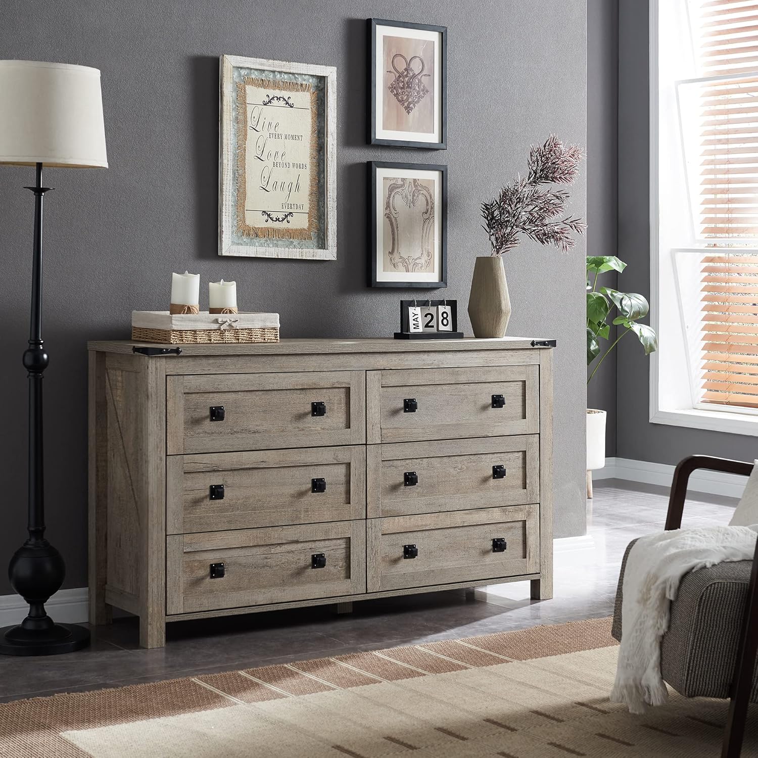 Rustic Farmhouse 6-Drawer Wood Dresser | Bedroom Storage Organizer
