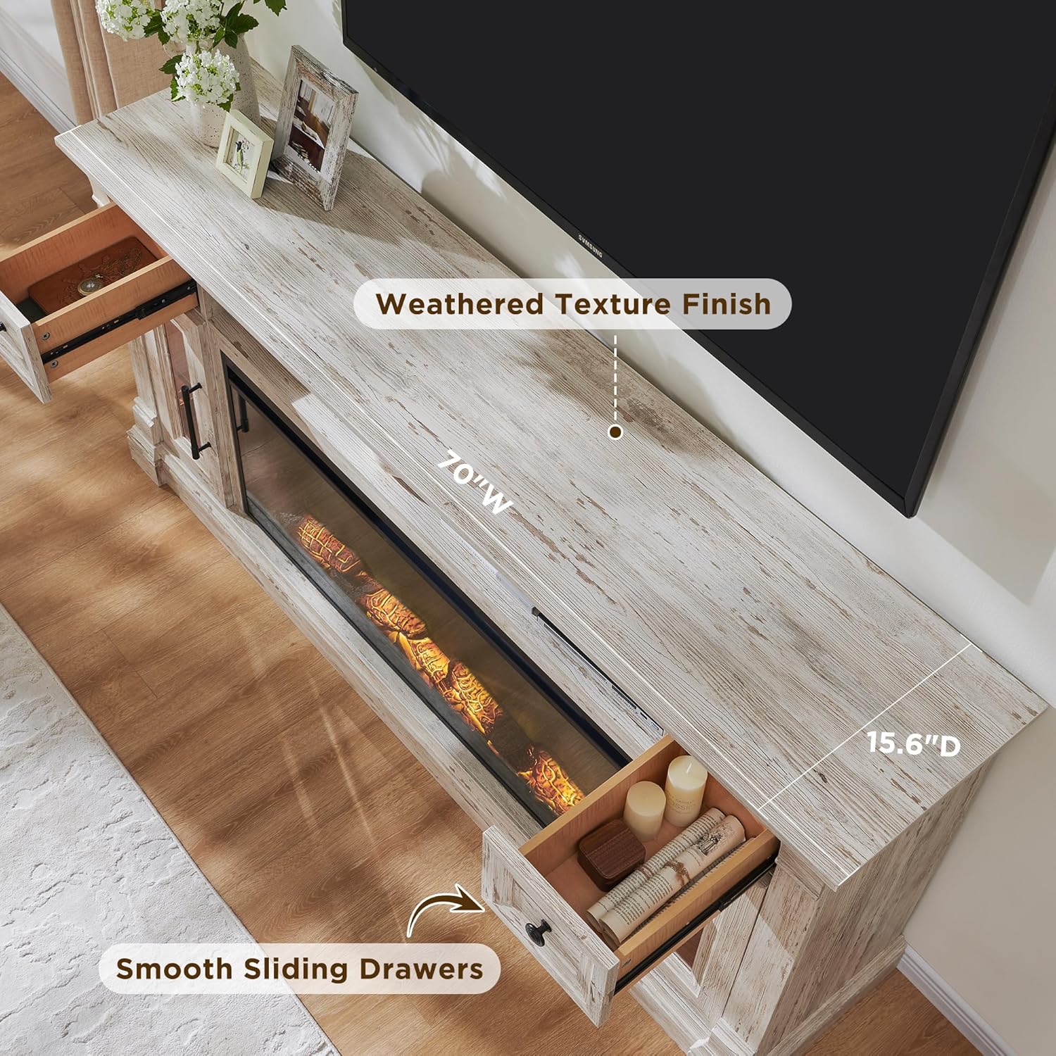 OKD Farmhouse Fireplace TV Stand for 80 Inch TVs