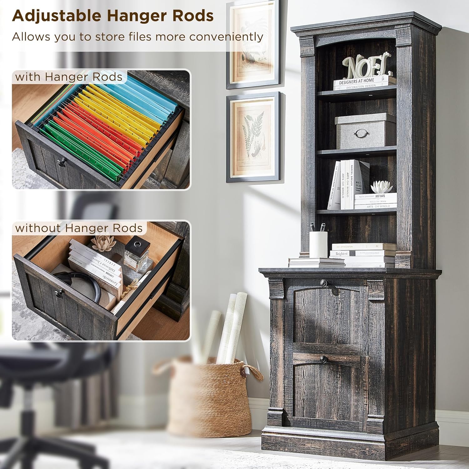 Rustic Farmhouse 72" Tall Bookcase with Adjustable Shelves & Drawers