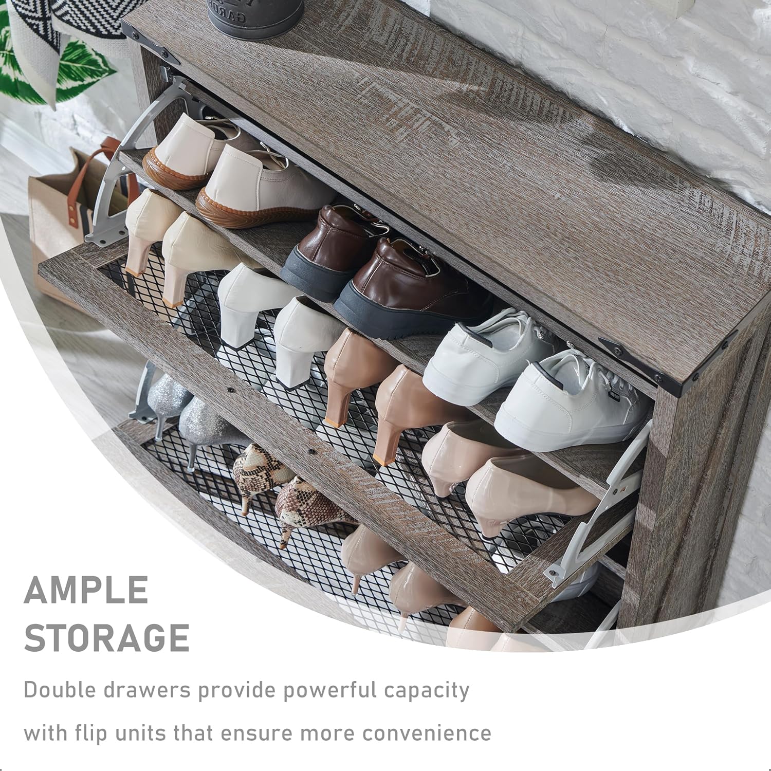Farmhouse Grey Shoe Cabinet with Flip Drawers and Mesh Doors