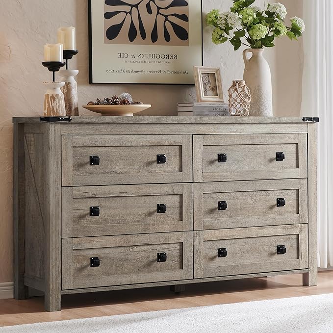 Rustic Farmhouse 6-Drawer Wood Dresser | Bedroom Storage Organizer