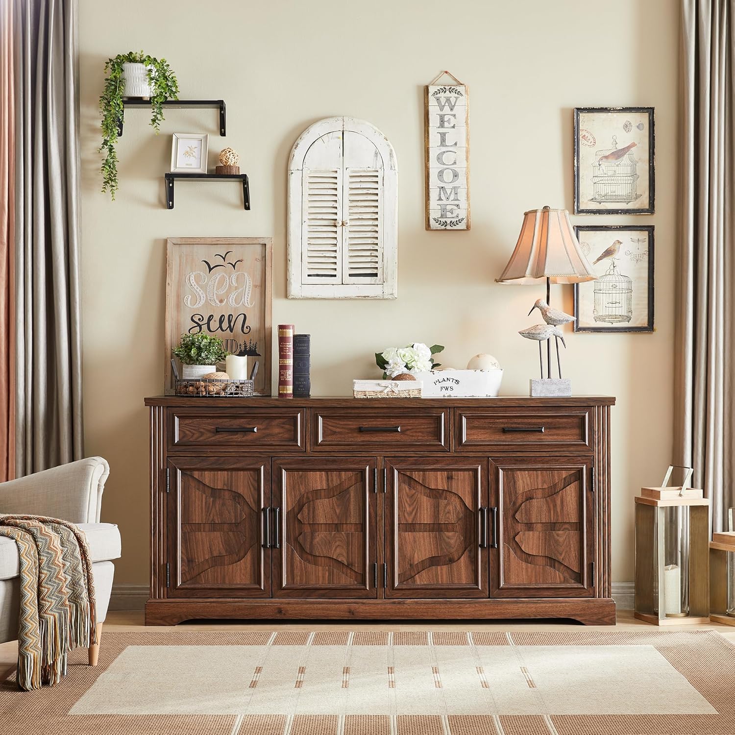 Large Buffet Sideboard Cabinet with Doors and Drawers - Dark Brown