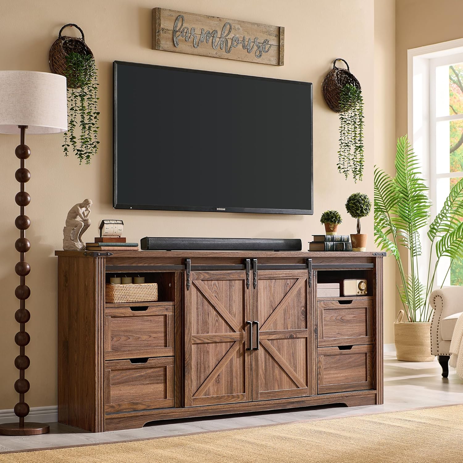 Farmhouse TV Stand with Sliding Barn Door, Rustic Media Console