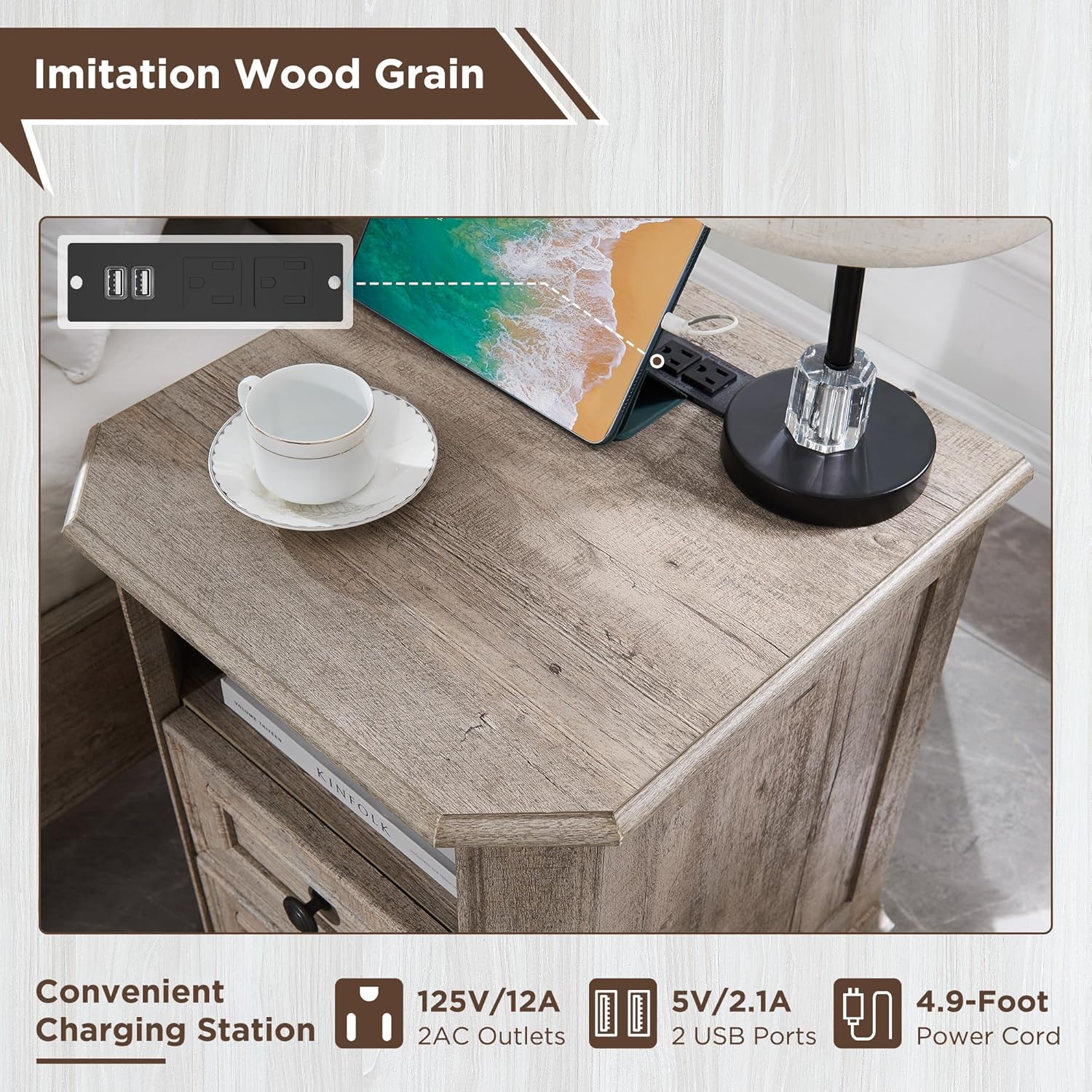 Farmhouse Nightstand with Charging Station Wood End Table Bedside Cabinet