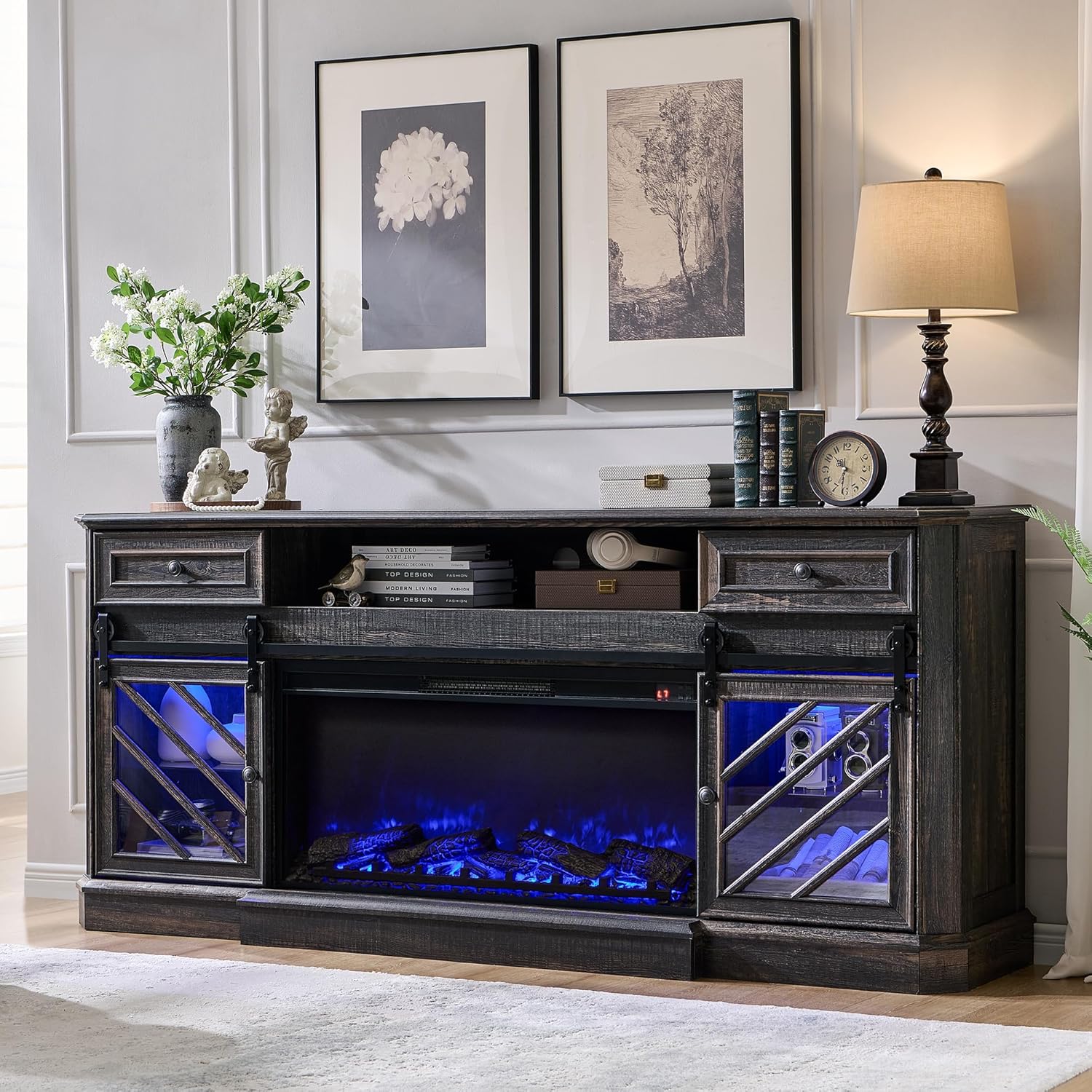 75" Rustic Oak Fireplace TV Stand for 85 Inch TV