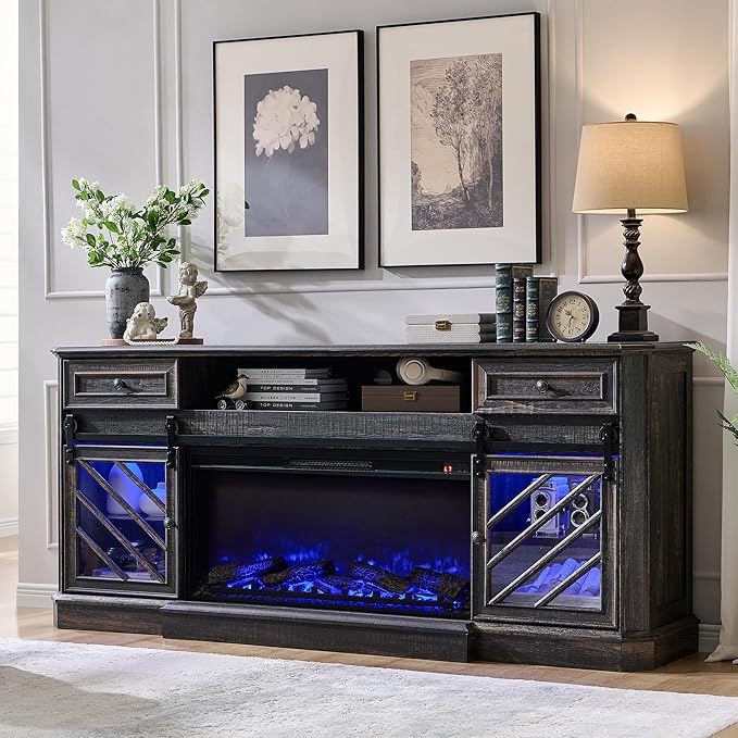 75" Rustic Oak Fireplace TV Stand for 85 Inch TV