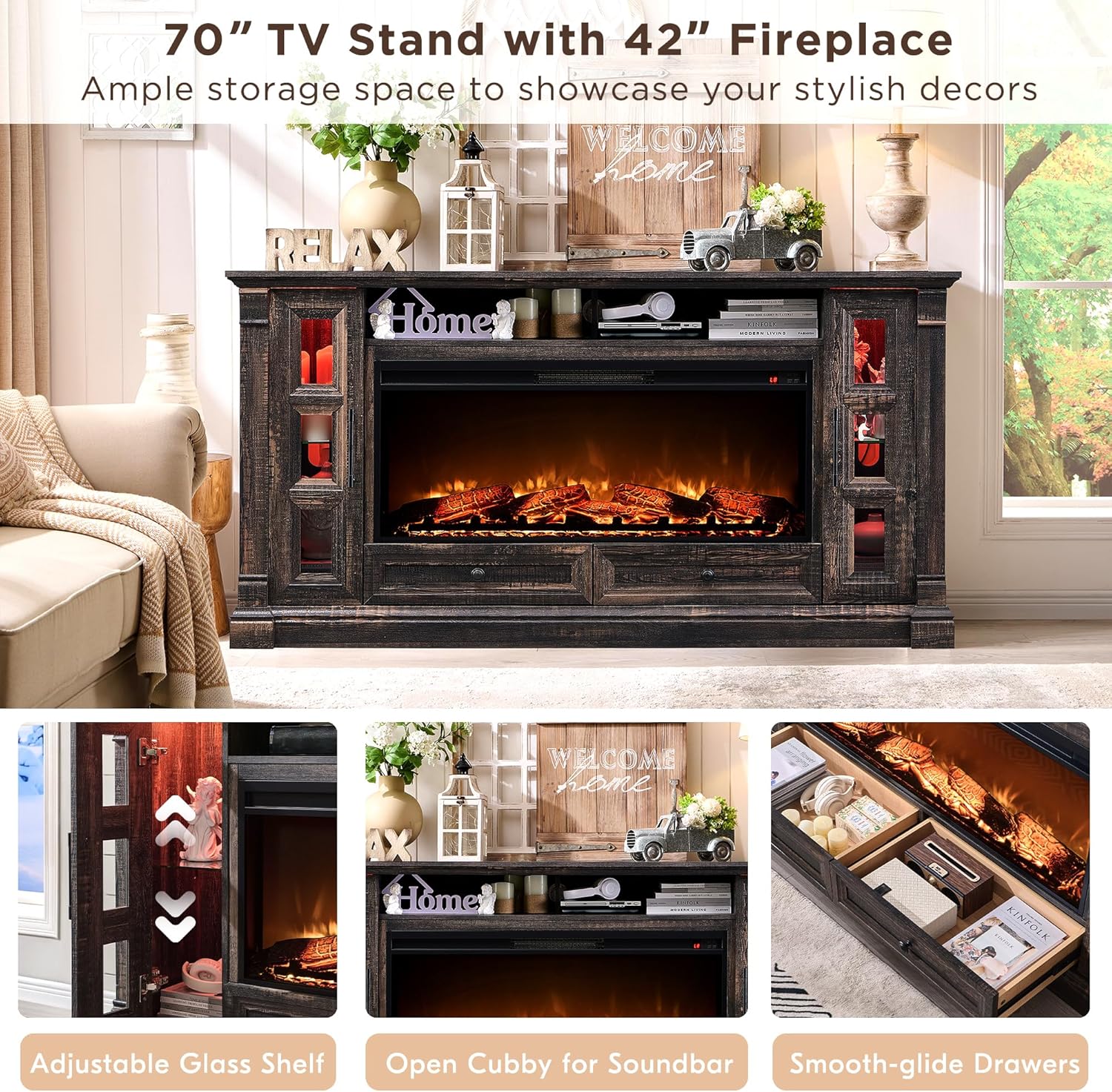 Rustic Farmhouse Fireplace TV Stand - Fits Up to 80 Inch TV