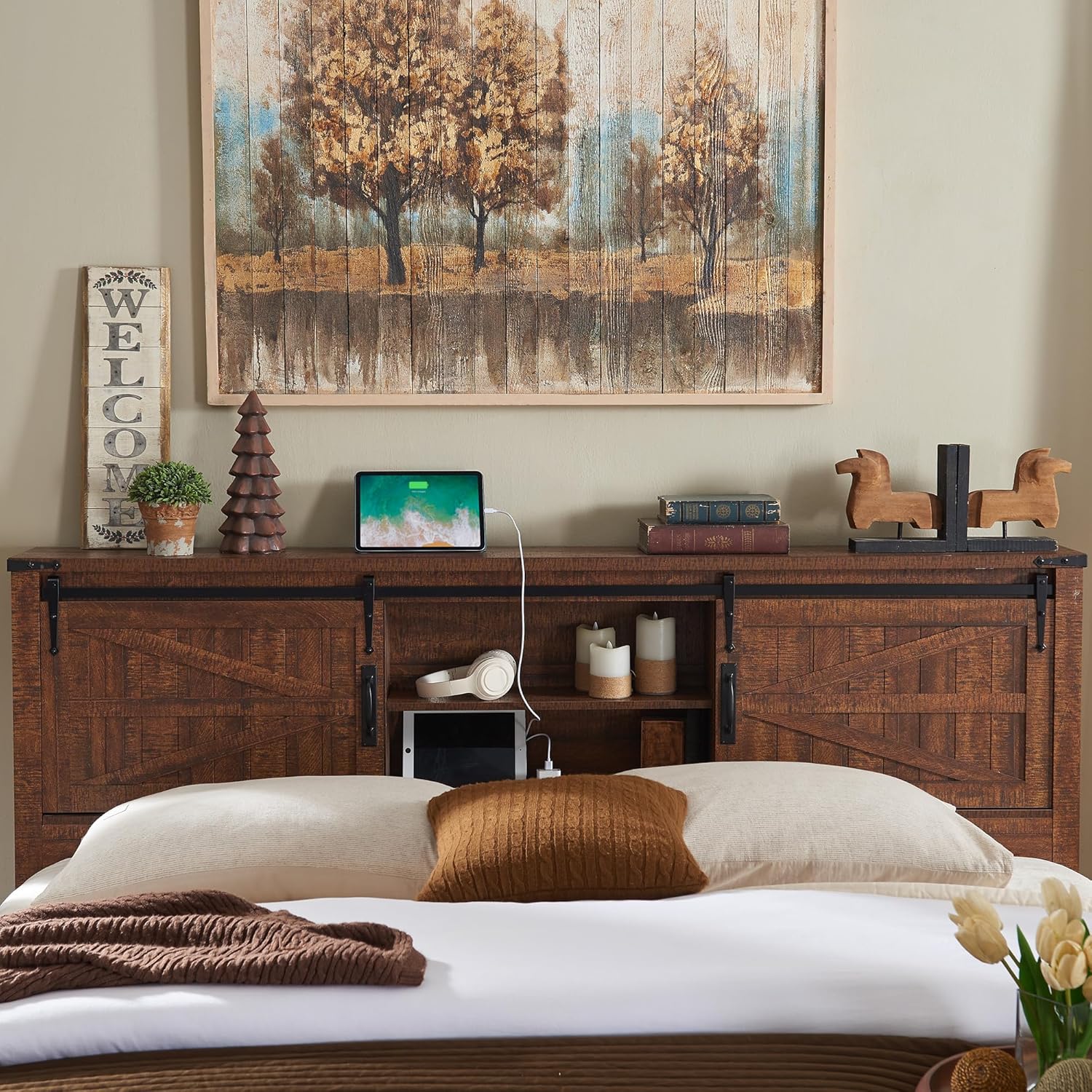 Rustic Farmhouse King Bed Frame with Bookcase Headboard and Charging Station