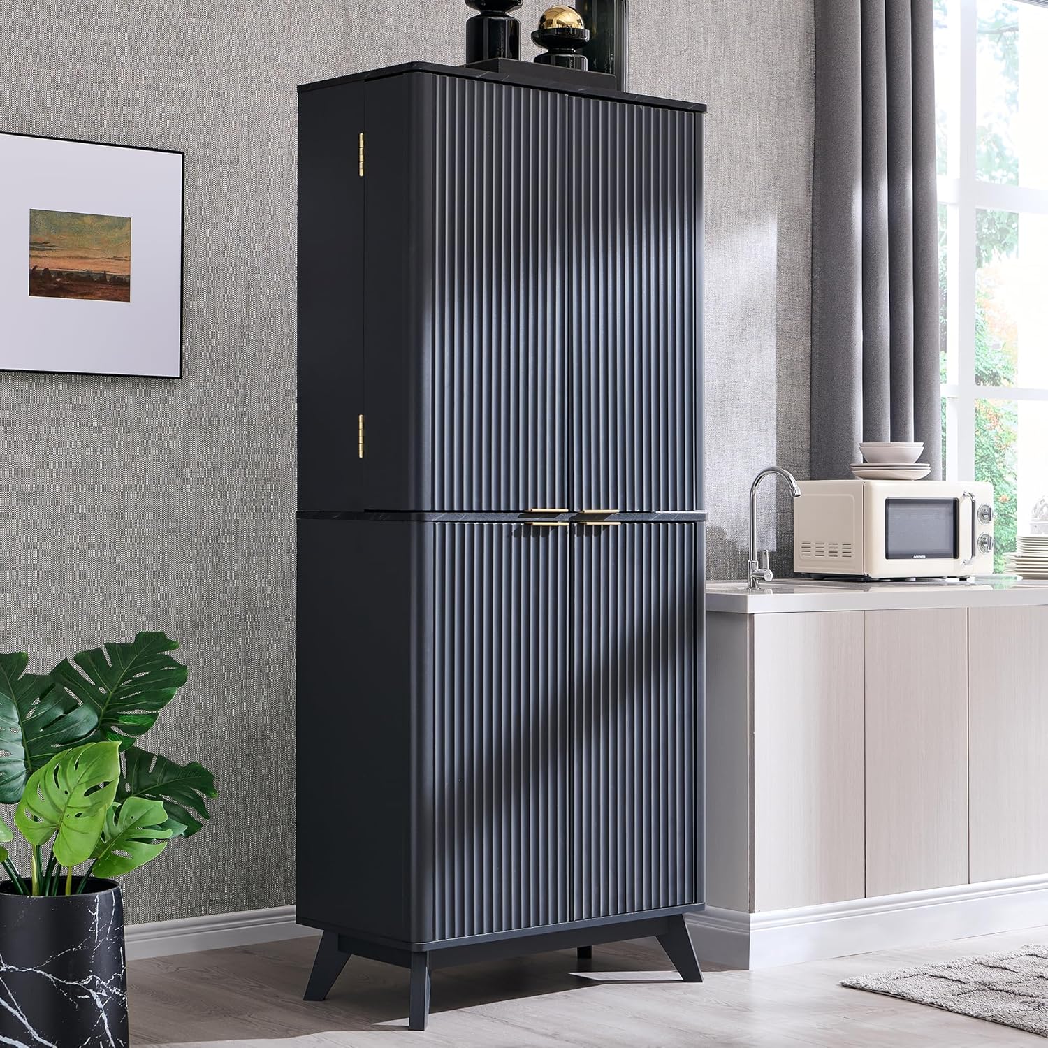 72" Mid-Century Modern Fluted Kitchen Pantry Cabinet, Dark Grey