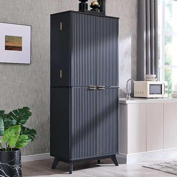 72" Mid-Century Modern Fluted Kitchen Pantry Cabinet, Dark Grey