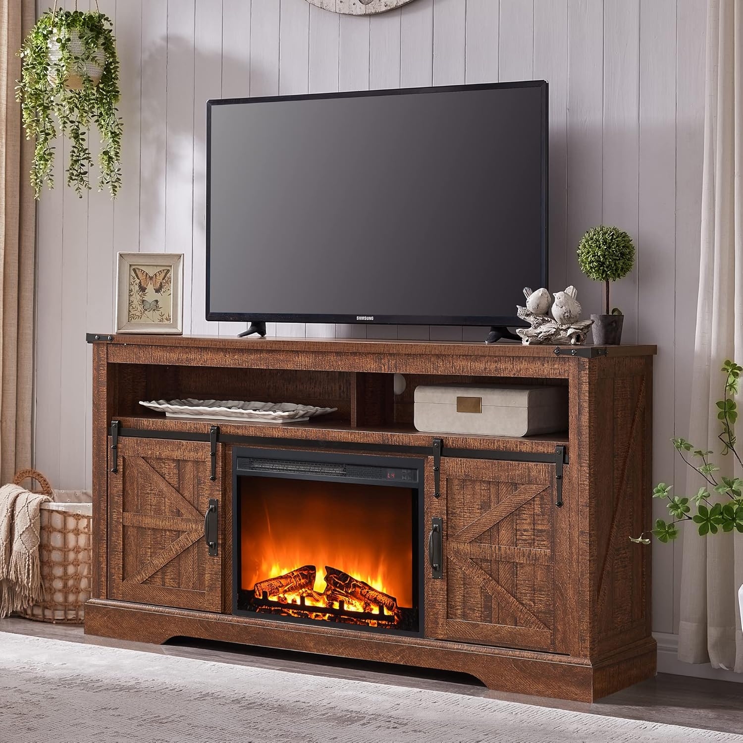 Fireplace TV Stand for 65+ Inch TV, Farmhouse Style