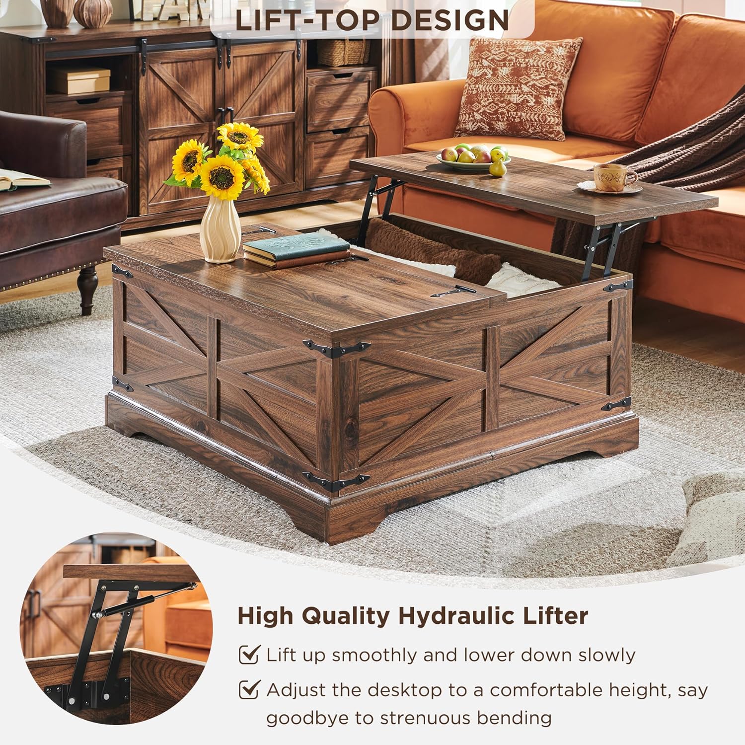 Farmhouse Lift Top Coffee Table with Storage Compartment Rustic Brown