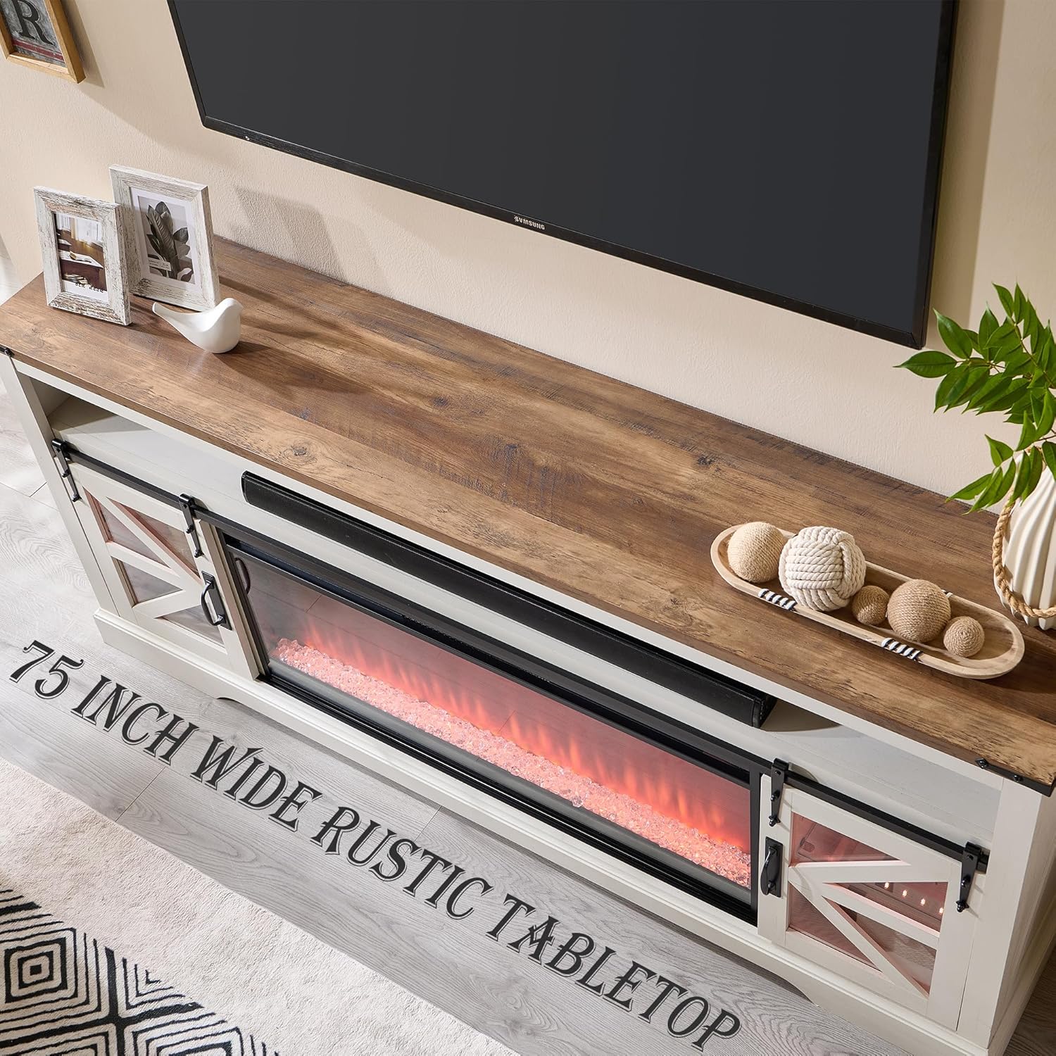OKD Fireplace TV Stand for 85" TV, Farmhouse Entertainment Center