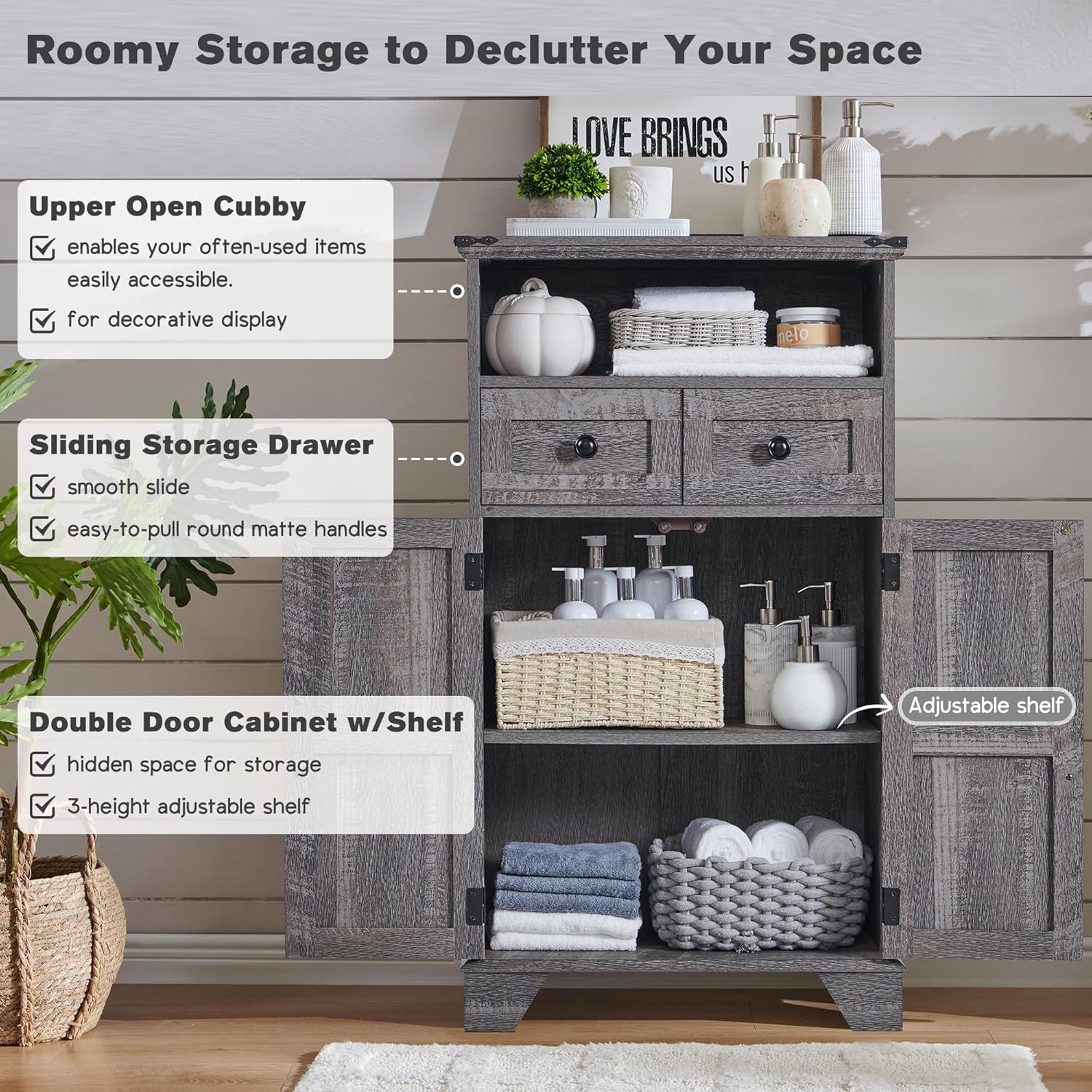 Farmhouse Bathroom Floor Cabinet with Drawer and Barn Doors - Grey