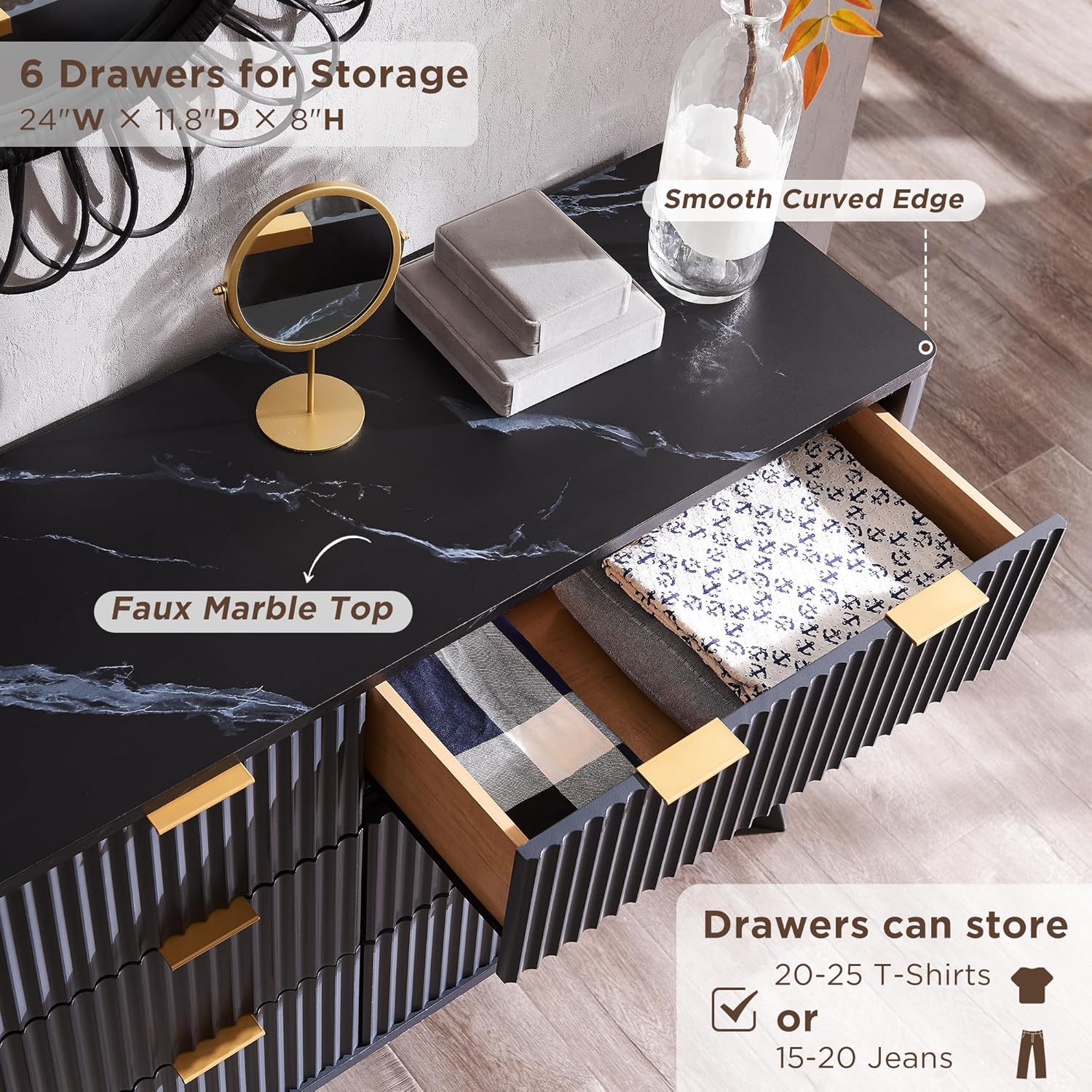 T4TREAM Fluted 6-Drawer Dresser, Dark Grey - Bedroom Organizer