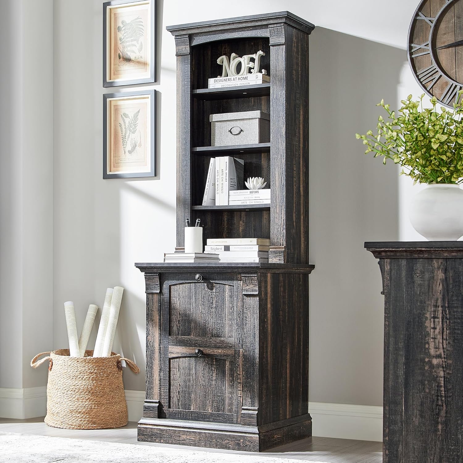 Rustic Farmhouse 72" Tall Bookcase with Adjustable Shelves & Drawers
