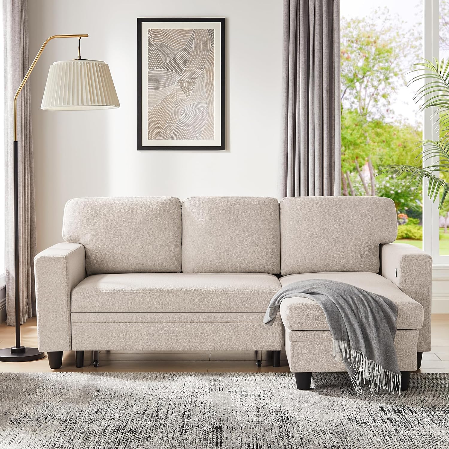 RedLemon Beige 80-Inch Sleeper Sofa Bed with Storage Chaise