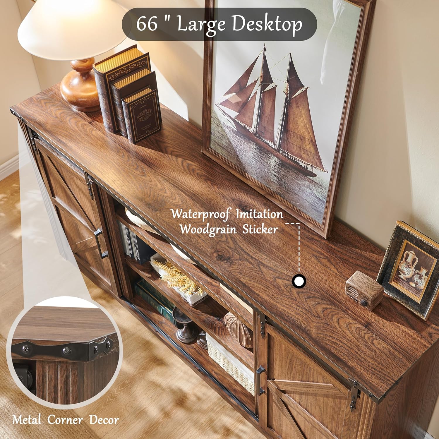 Farmhouse TV Stand with Sliding Barn Door, Rustic Media Console