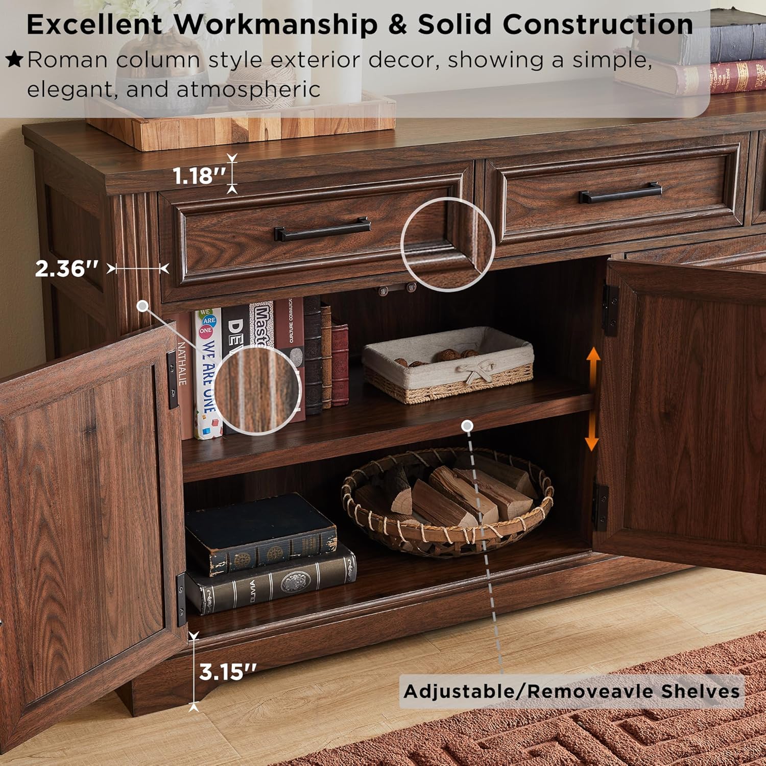 Large Buffet Sideboard Cabinet with Doors and Drawers - Dark Brown